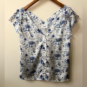 KOCH Blue & White Toile Print Ruffle Sleeve Blouse XS Made in USA Button Front